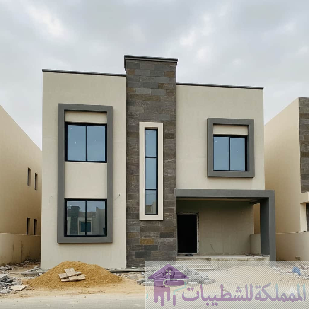 "واجهة فيلا مودرن في حي الشاطئ من تنفيذ معلم اصباغ الدمام، توضح دقة دمج الحجر الطبيعي مع دهانات البروفايل الخارجية "