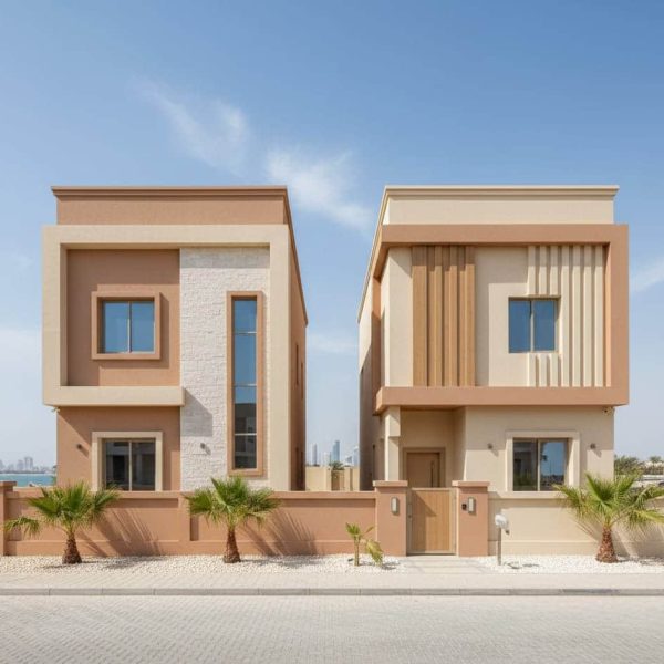 "تصميم واجهة فيلا دوبلكس مودرن في الدمام، تعتمد على الألوان الترابية الدافئة (بيج وبني فاتح) مع دمج الحجر وبديل الخشب "