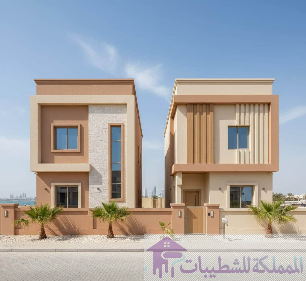 "تصميم واجهة فيلا دوبلكس مودرن في الدمام، تعتمد على الألوان الترابية الدافئة (بيج وبني فاتح) مع دمج الحجر وبديل الخشب "