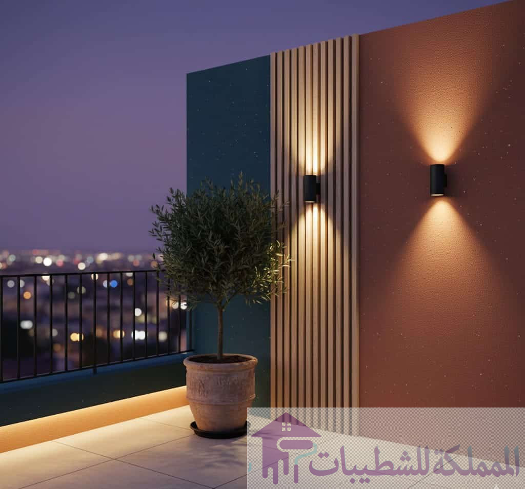 "تصميم شرفة مودرن بألوان جريئة (أزرق غامق وبرتقالي ترابي)، يوضح أحدث صيحات اصباغ داخلية مودرن مع ديكورات بديل الخشب والإضاءة."