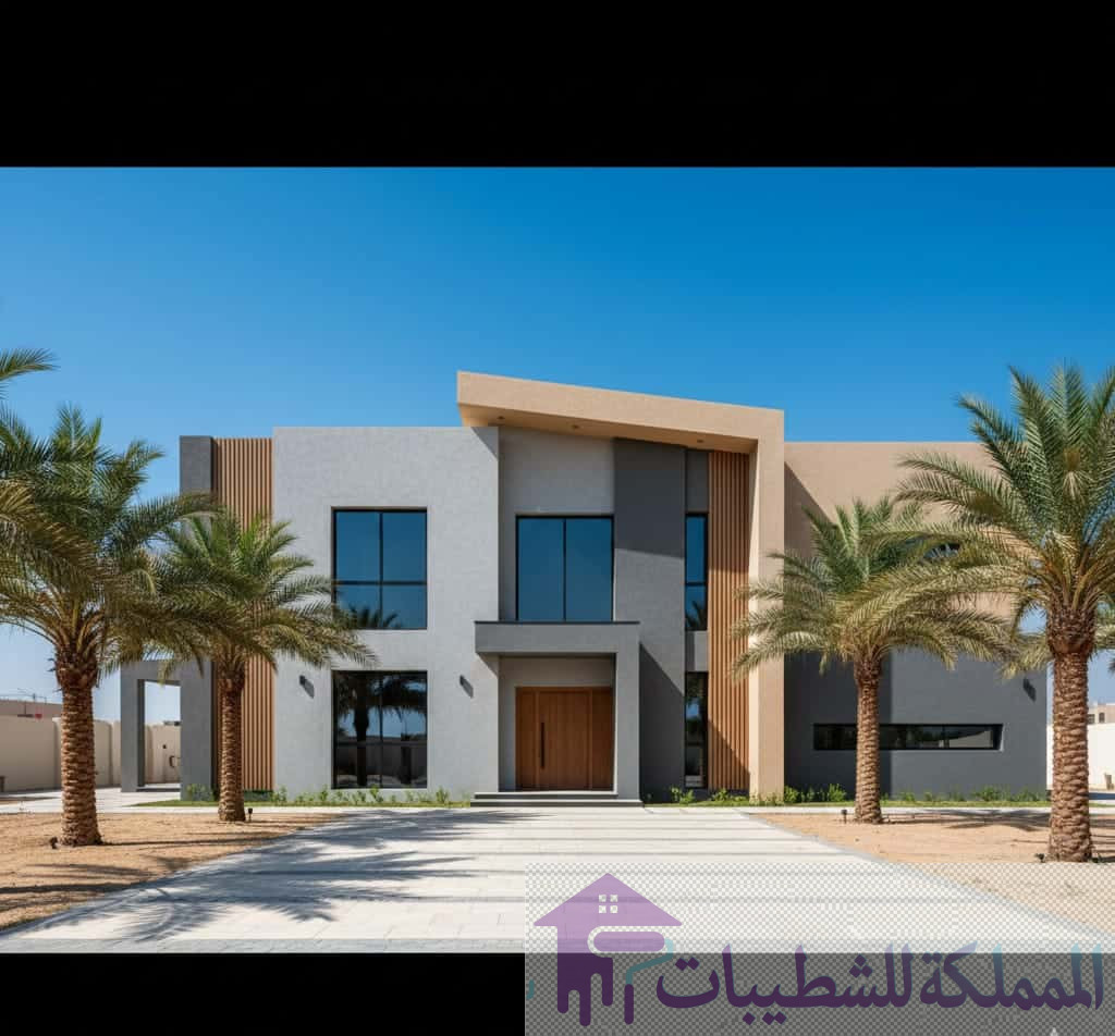 "تصميم واجهة فيلا مودرن في الدمام والخبر تدمج بين دهانات البروفايل (الرمادي والبيج) وتكسيات بديل الخشب، من تنفيذ أفضل معلم بروفايل بالمنطقة الشرقية."