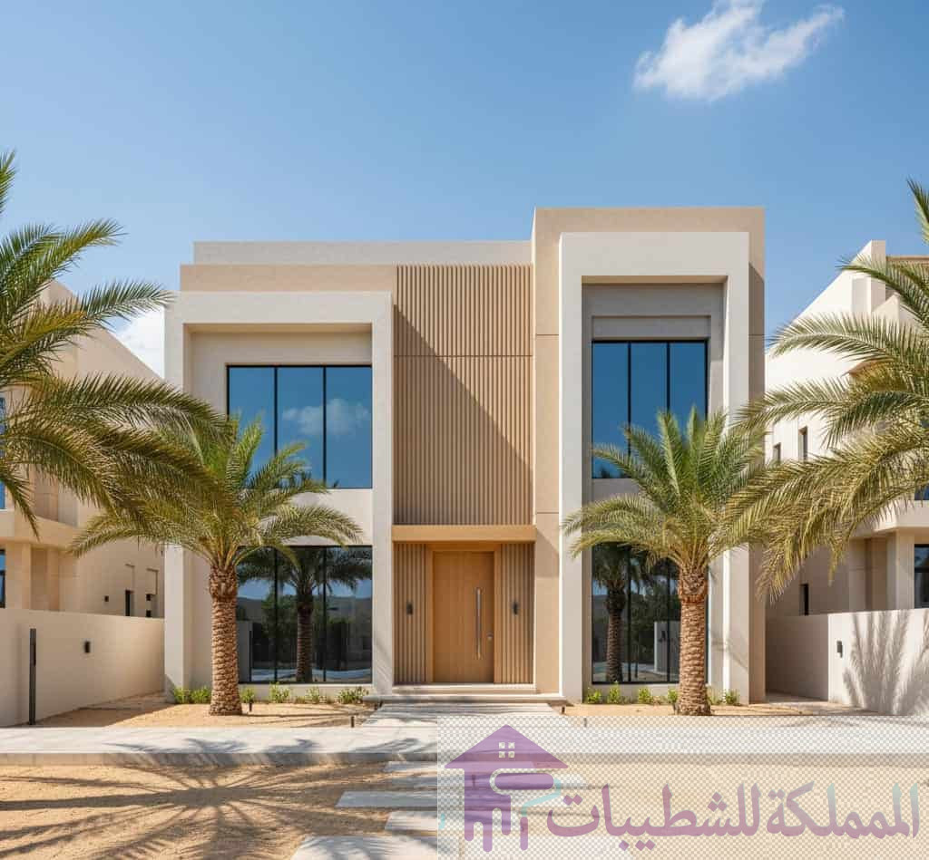 تصميم واجهة فيلا مودرن في الدمام تظهر دقة الدهانات الخارجية وبديل الخشب."