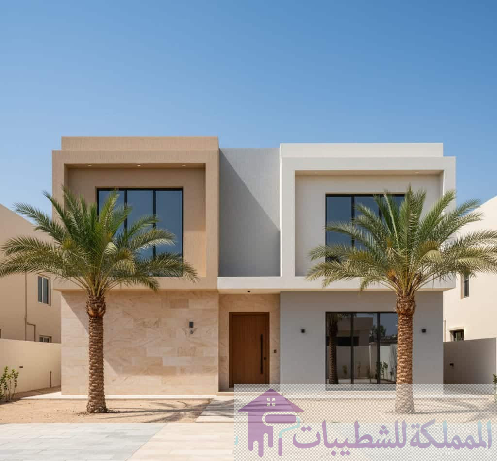 "تصميم واجهة فيلا مودرن بالدمام والخبر يجمع بين دهانات البروفايل البيج والرمادي الفاتح، من أعمال أفضل معلم اصباغ وديكورات بالشرقية."