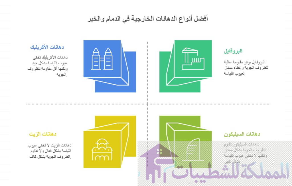 "انفوجرافيك مقارنة بين أفضل أنواع الدهانات الخارجية في الدمام والخبر (البروفايل، الأكريليك، السليكون، الزيتي) موضحاً مميزات كل نوع في تحمل الظروف الجوية وإخفاء عيوب اللياسة."