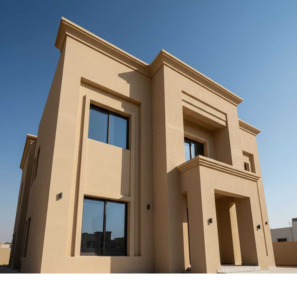 "واجهة فيلا سكنية تم تشطيبها باستخدام دهان بروفايل خارجي بنقشة حديثة، من تنفيذ معلم دهانات الدمام المحترف."