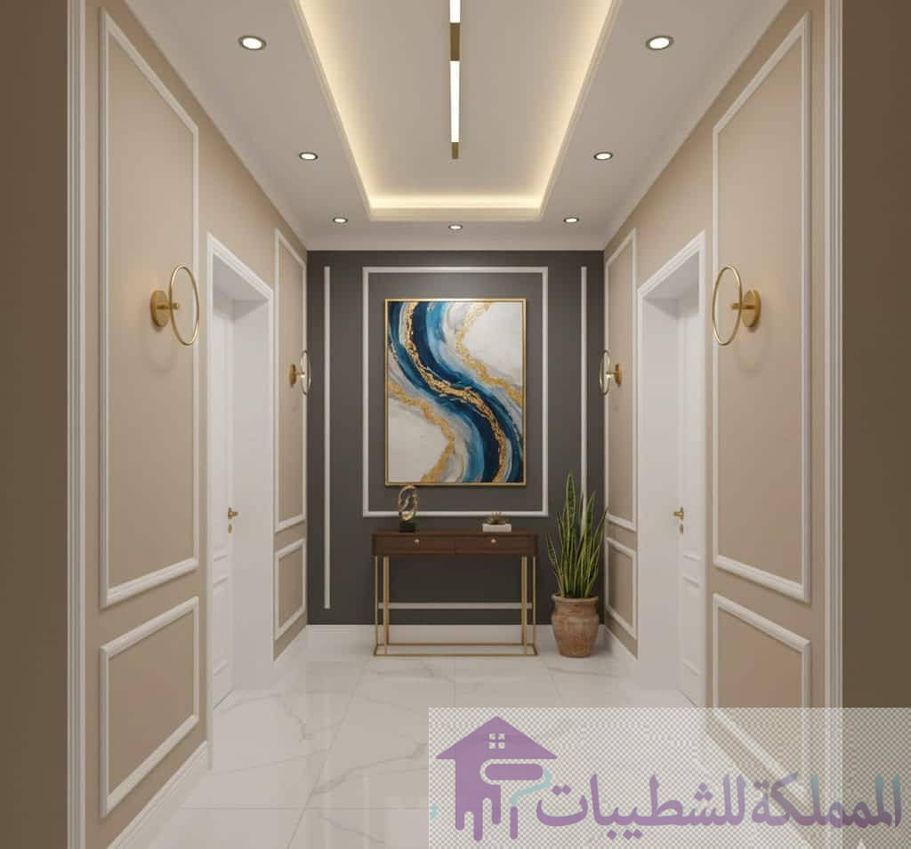 "تصميم ديكورات ممر (بهو) مدخل منزل فاخر من تنفيذ معلم ورق جدران فوم بالدمام، يظهر براويز فوم على الجدران وورق حائط أو دهان ديكوري خلف الكونسول."