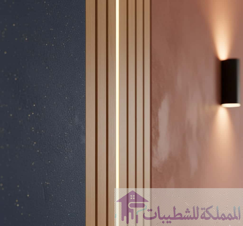 "تصميم جداري إبداعي من تنفيذ صباغ الدمام، يدمج بين دهانات الديكورات المودرن، ألواح بديل الخشب، والإضاءة المخفية."