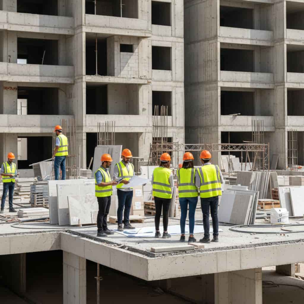 "مجموعة من المهندسين والعمال في موقع بناء يشرفون على أعمال تشطيب مباني، من تنفيذ أفضل مقاول تشطيب الدمام المتخصص في ترميم منازل و ترميم فلل."