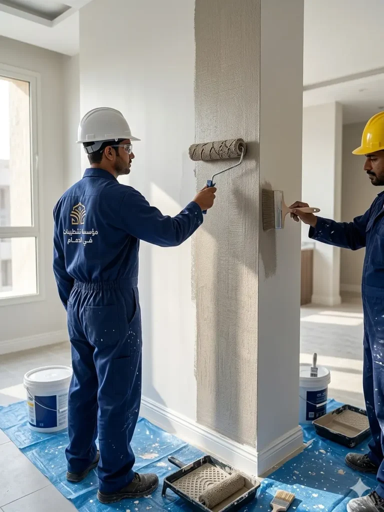 عمال دهانات من مؤسسه تشطيبات "اسم المملكه للتشطيبات" أثناء تنفيذ أعمال تشطيبات داخلية واحترافية في تنفيذ واجهات بروفايل و ترميمات مباني تحت إشراف مقاول ترميمات خبير 
