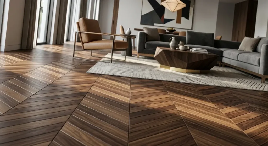 تصميم داخلي فخم يبرز أرضية باركيه خشبية داكنة بنمط "هيرينجبون" من تنفيذ فني تركيب باركيه محترف لدى أفضل مؤسسه تشطيبات بالشرقية 