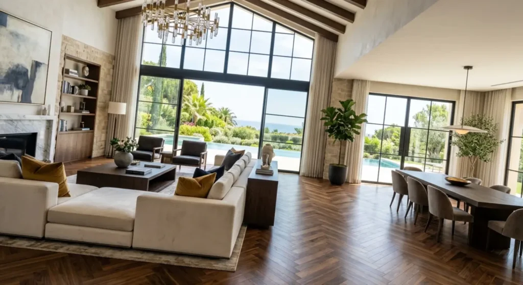 أرضيات باركيه خشبية فاتحة بتصميم هندسي أنيق في صالة معيشة عصرية مشرقة، من تنفيذ فني تركيب باركيه محترف لدى أفضل مؤسسه تشطيبات