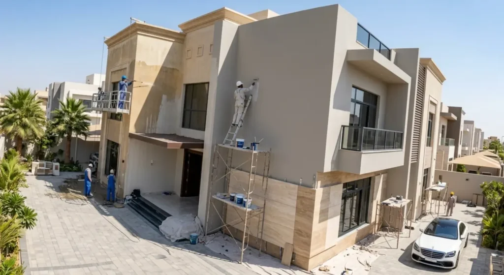 فني محترف يقوم بأعمال معجون الجدران وتأسيس الـ تشطيبات الداخلية، ضمن مشاريع ترميم فلل ومنازل تنفذها أفضل مؤسسه ترميم في الخبر 