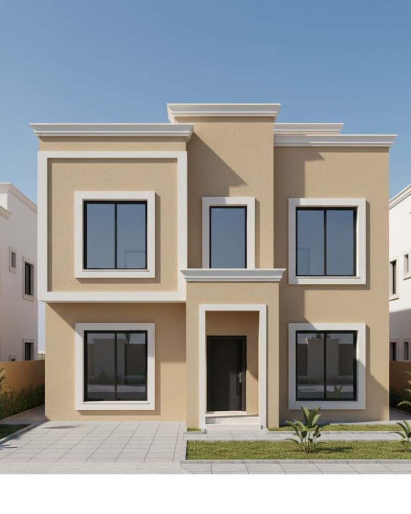 واجهة فيلا مودرن تظهر احدث تصاميم البروفايل الخارجي، بنقشات طولية (رشة أمريكية) وألوان عصرية متناسقة."